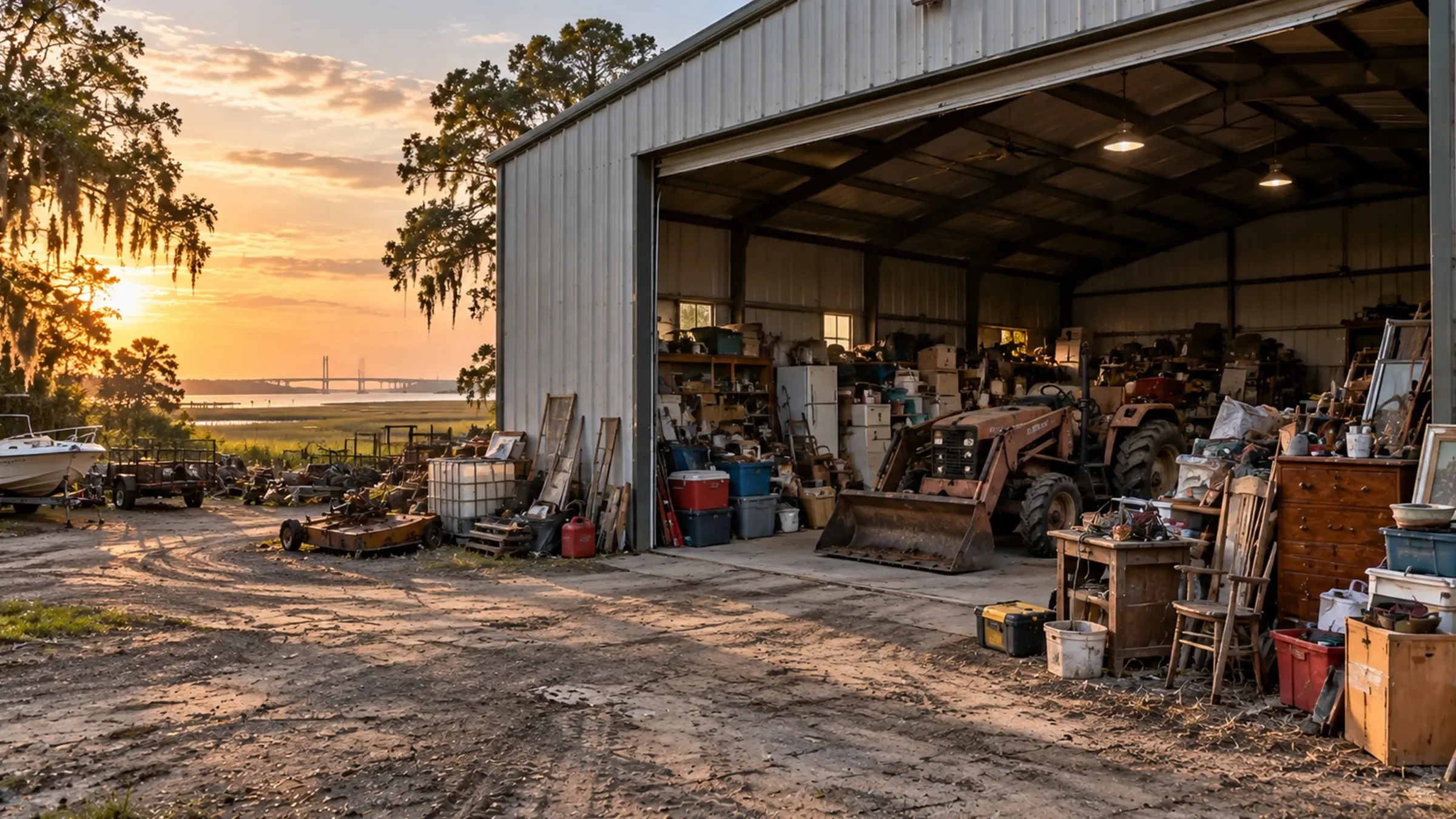 Large metal storage building filled with an old tractor, farm equipment, furniture, and accumulated household belongings on a rural property near Brunswick, Georgia.