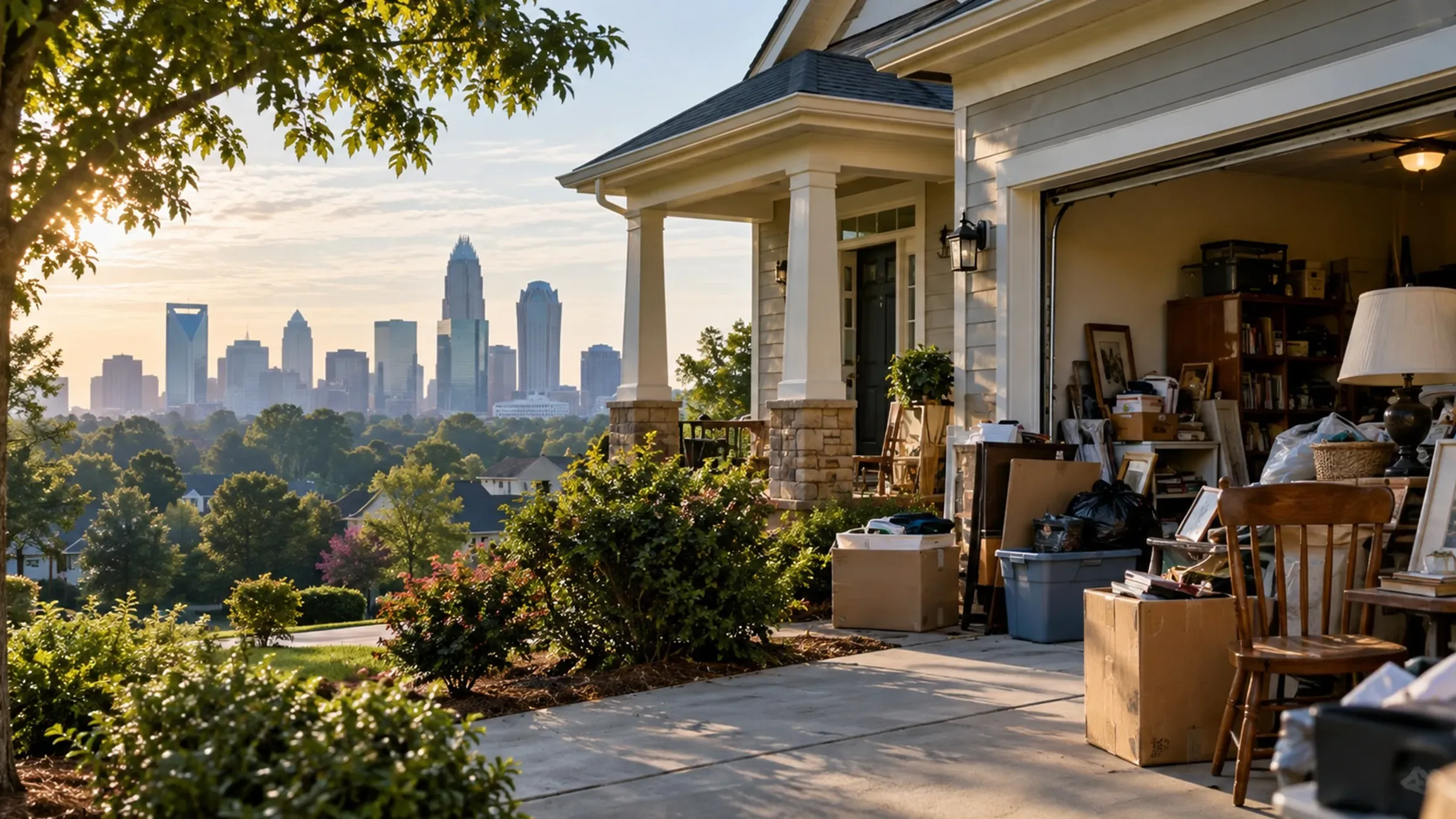 Cluttered garage filled with household belongings outside a residential home, with the Charlotte, North Carolina skyline in the background.