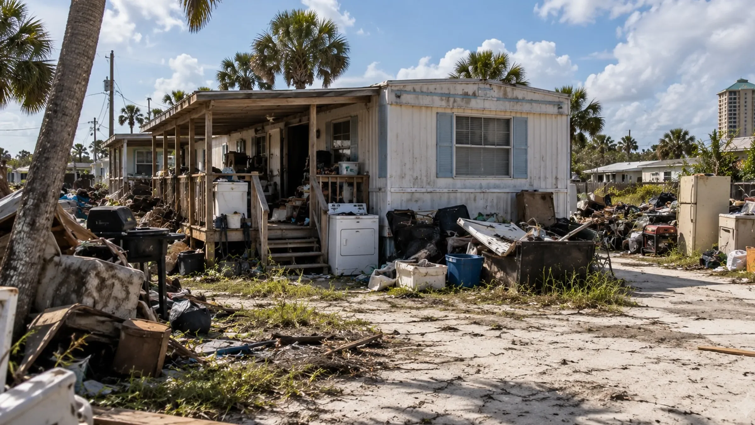 Severely cluttered mobile home surrounded by discarded furniture, old appliances, household junk, and accumulated debris in Panama City Beach, Florida.